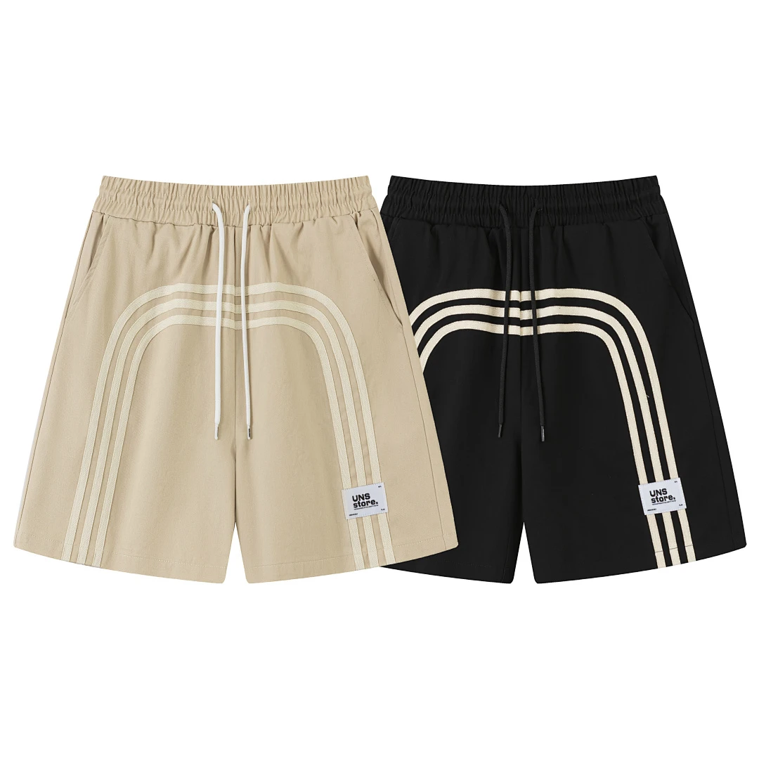 Vintage Curved Stripe Casual Shorts Men Women Drawstring Elastic Waist Streetwear Short Pants
