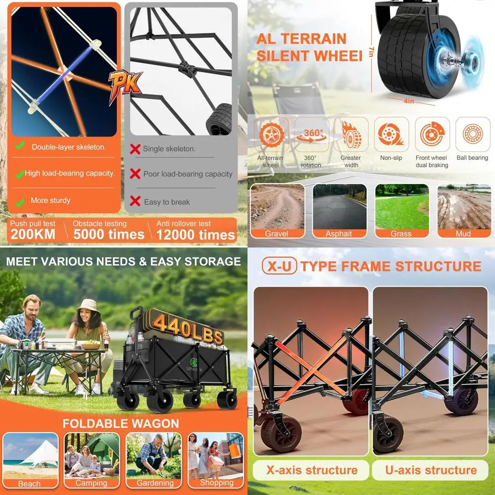 

Double-Layered Heavy-Duty Collapsible Wagon for All-Terrain Use: Ideal for Beach, Camping, Gardening, Shopping, and Sports