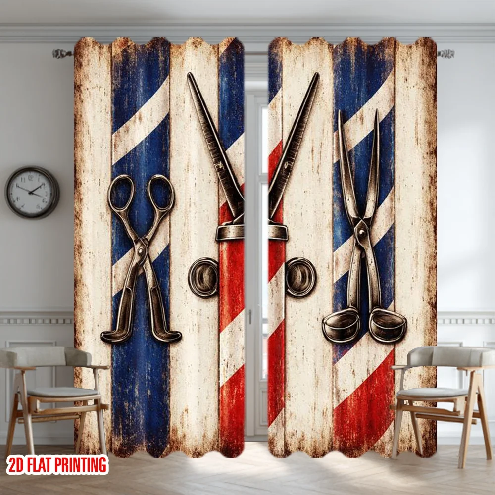 2D flat printing 2pcs Curtain Scene Curtains Barber Scissors Vintage Design Digital Printed Polyester Drapes Seasonal Party &