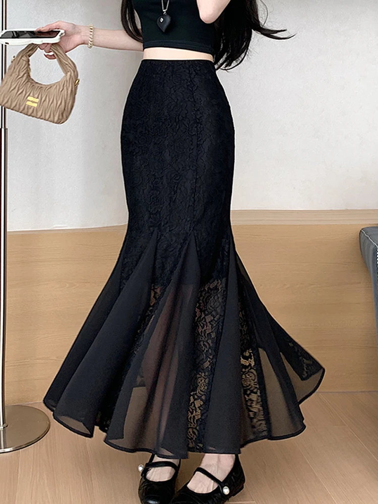 Spitzen-Fischschwanz-Halbrock für Frauen im Sommer, neuer, leichter, luxuriöser, hochwertiger, temperamentvoller, hüftumarmender, plissierter, langer Netzrock