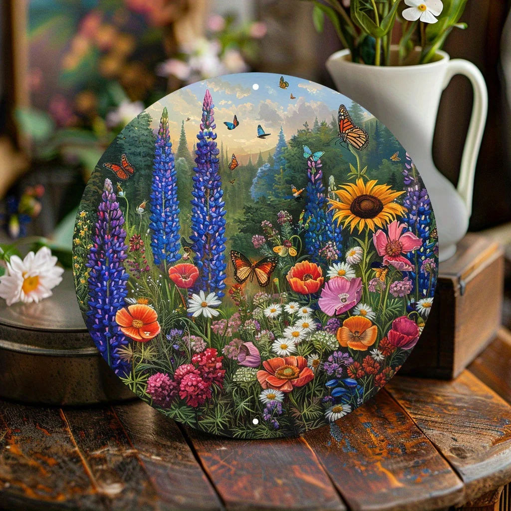 2D Flat, 2D Flat print 1pc Metal iron sign 1pc Floral Meadow Round Wall Art - Vibrant Wildflower Metal Sign for Wedding, Bridal