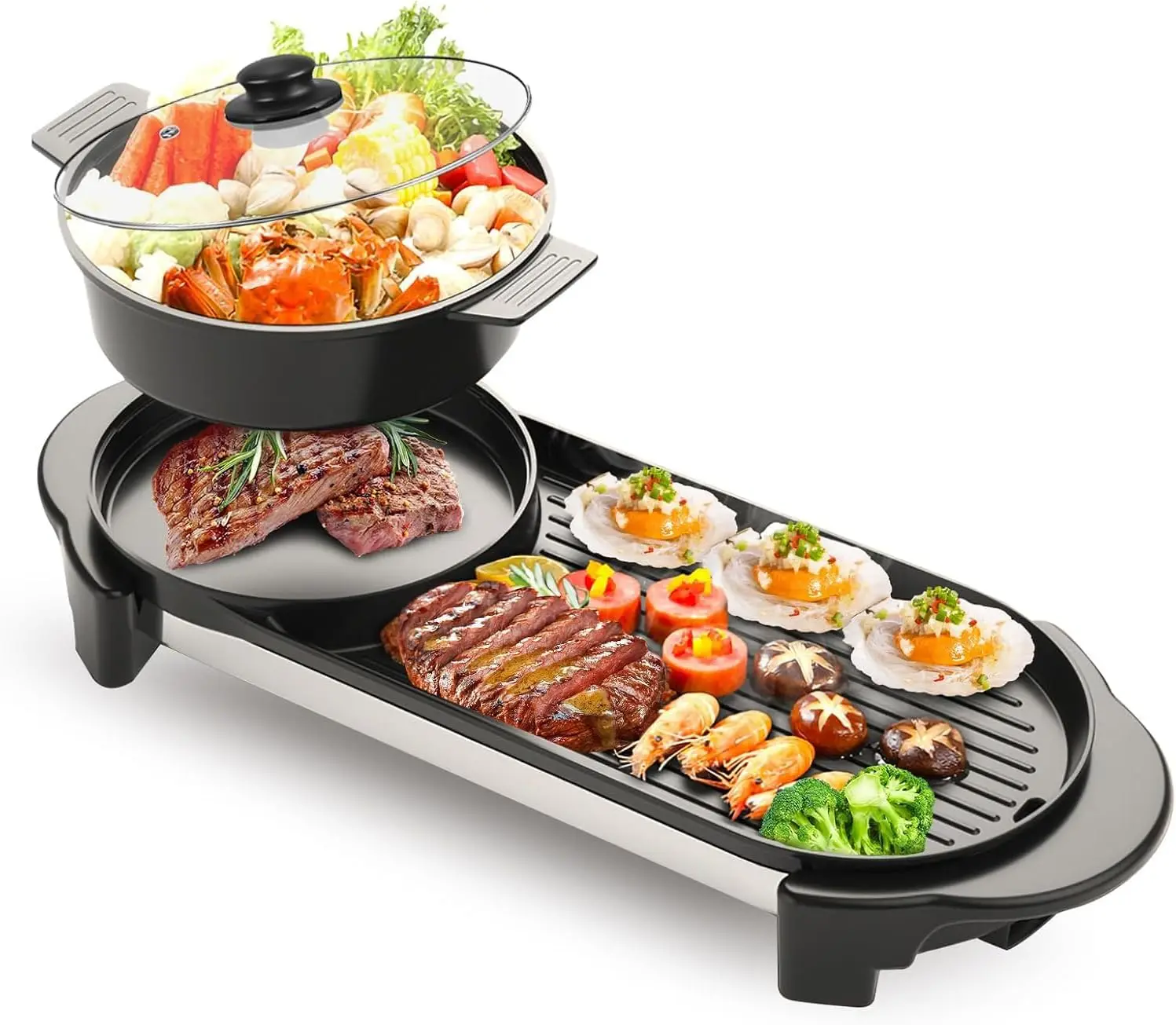 2 in 1 Electric Smokeless Hot Pot with Grill, 2200W Removable Hotpot Pot, Korean BBQ and Shabu Indoor Combo,Non-Stick Skillet