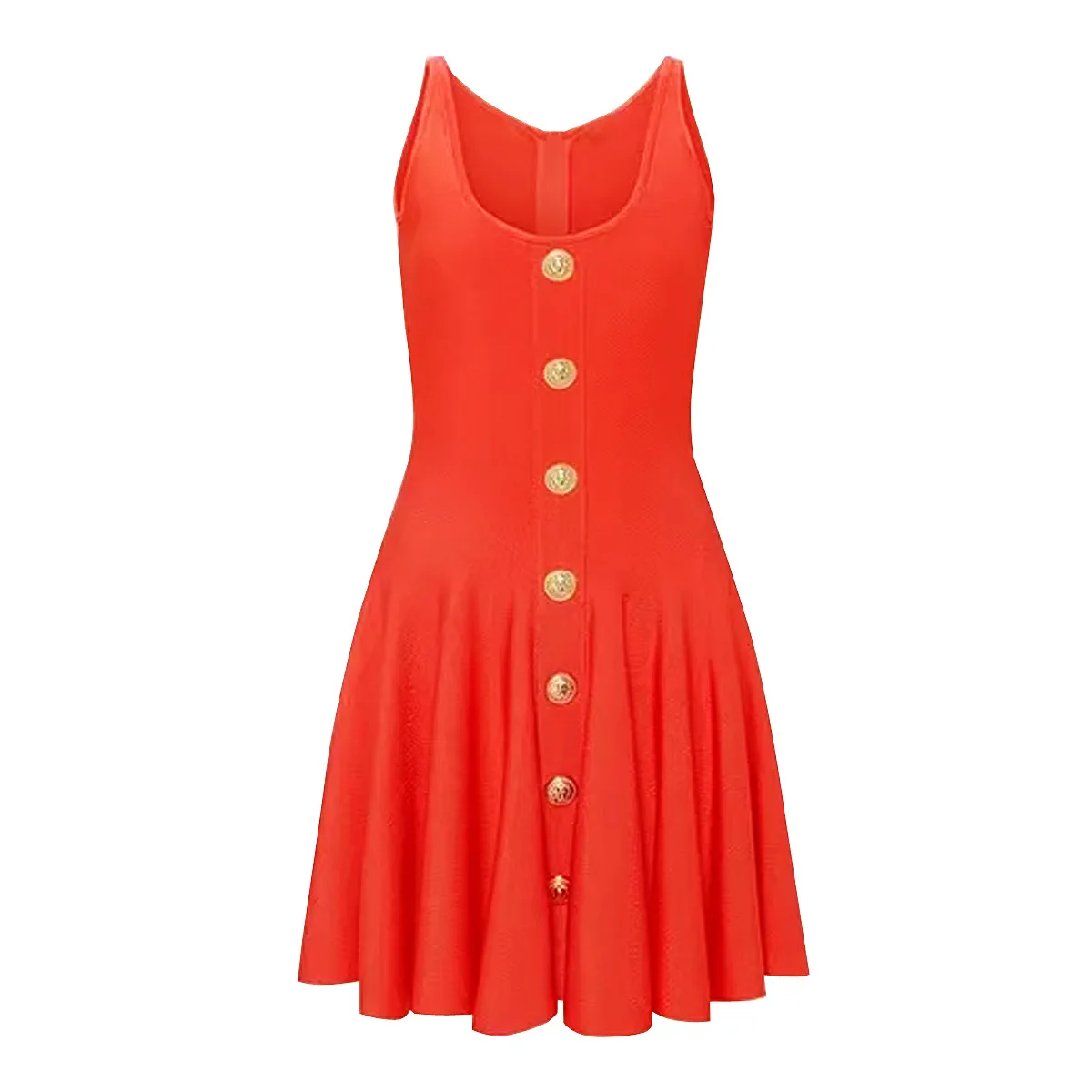 High Quality Summer Sleeveless O Neck Mini Dress Women Lion Head Gold Buttons Red Dresses for Women Sling Cotton Knit Vistidos