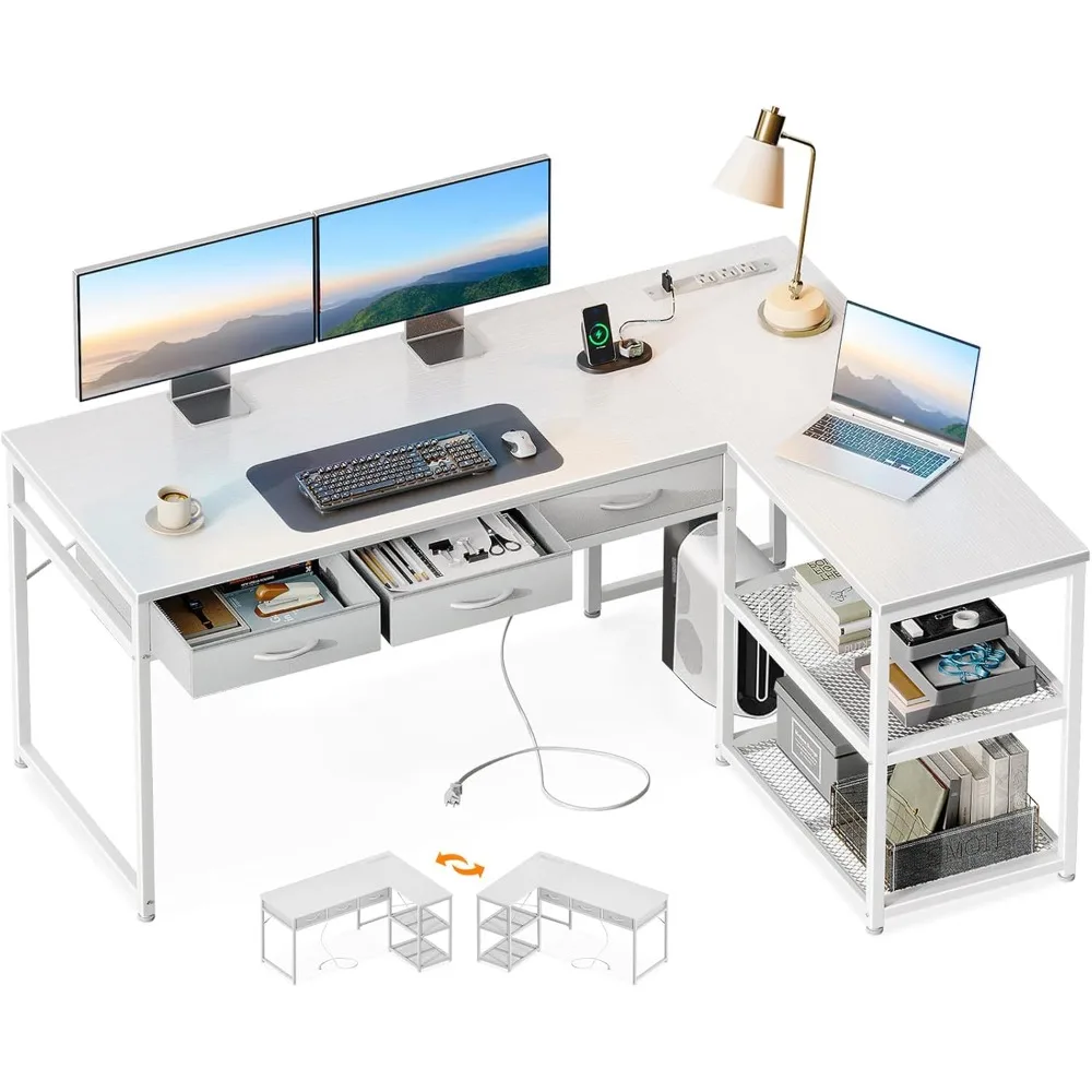 

53 L-Shaped Desk with Storage, Power Outlets, and Adjustable CPU Stand