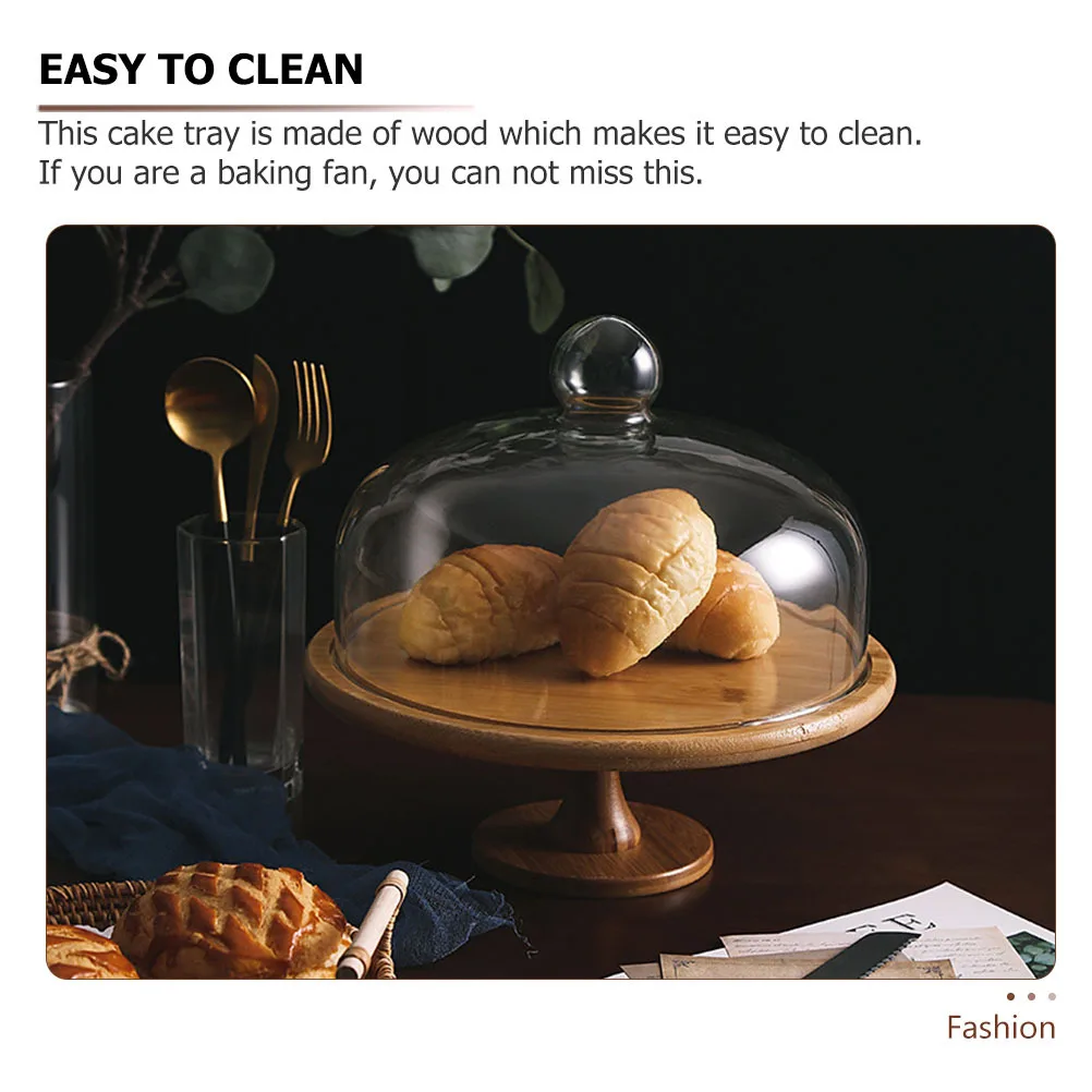 

1Set Transparent Glass Cover Cake Plate Wooden High Foot Tray Display Tray for Cake Dessert Bread Party Home Use