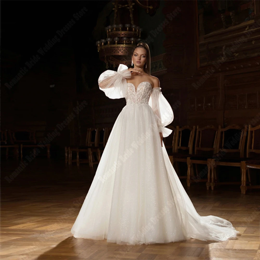 Robes de mariée A-ligne sexy pour femmes, paillettes, tulle moelleux, patients de plage, quelle que soit la longueur de vadrouille, fiançailles Lady VestiEducational De Novia, 2024