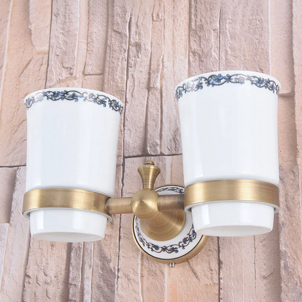 Wall Mounted Vintage Retro Antique Brass Bathroom Toothbrush Holder Set Bathroom Accessory Dual Ceramic Cup mba782