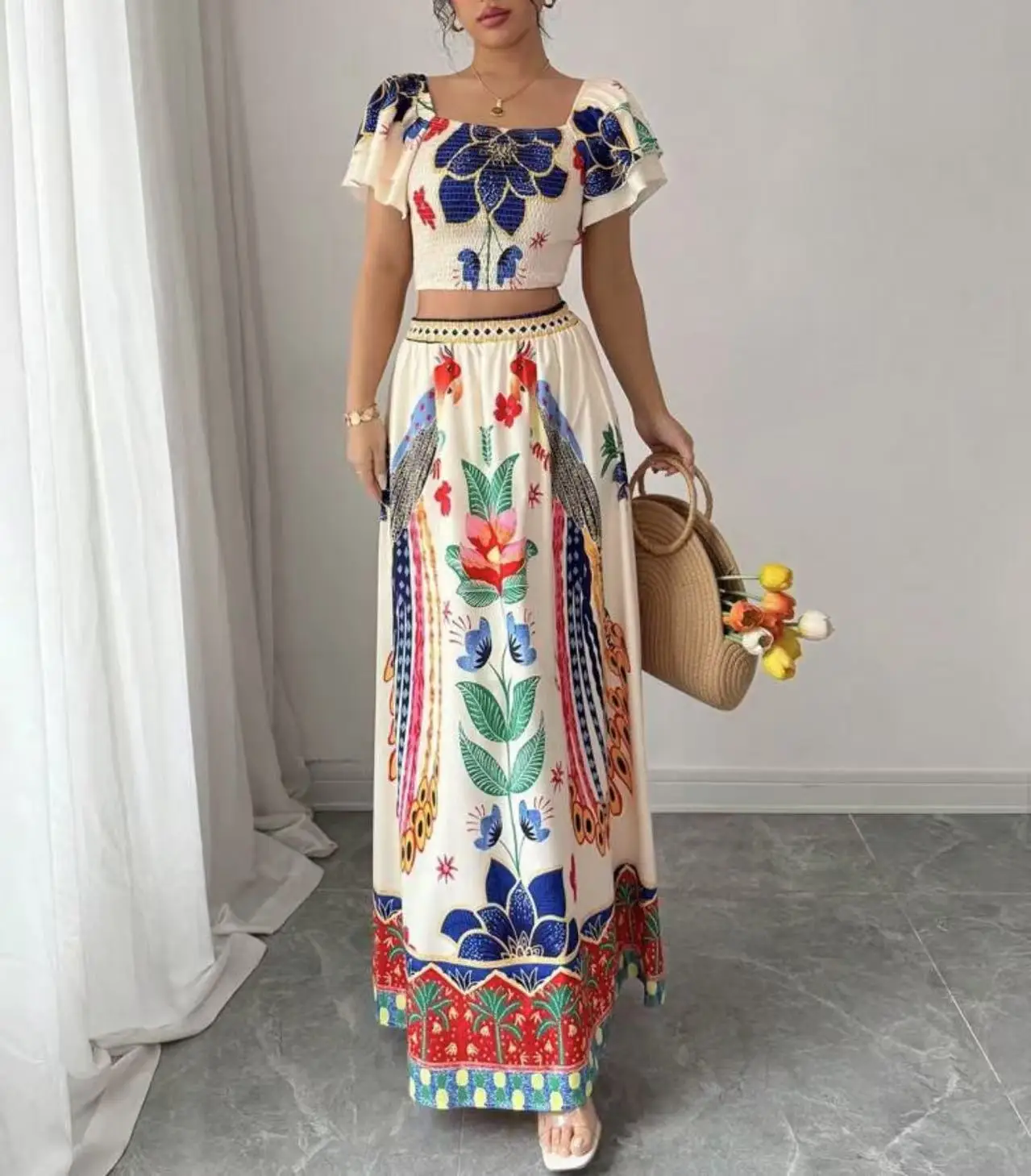 Women's Print Two Piece Set Square Neck Ruffle Sleeves Smocked Crop Top High Waist Long Skirt Casual Boho Summer Vacation Outfit