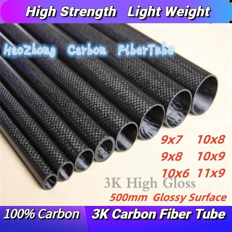 3K Carbon Fiber Tube 9mm 10mm 11mm x 500mm long Roll Wrapped Carbon fiber Wing tube / Tail tube / Tail boom /Pipe Glossy Finish