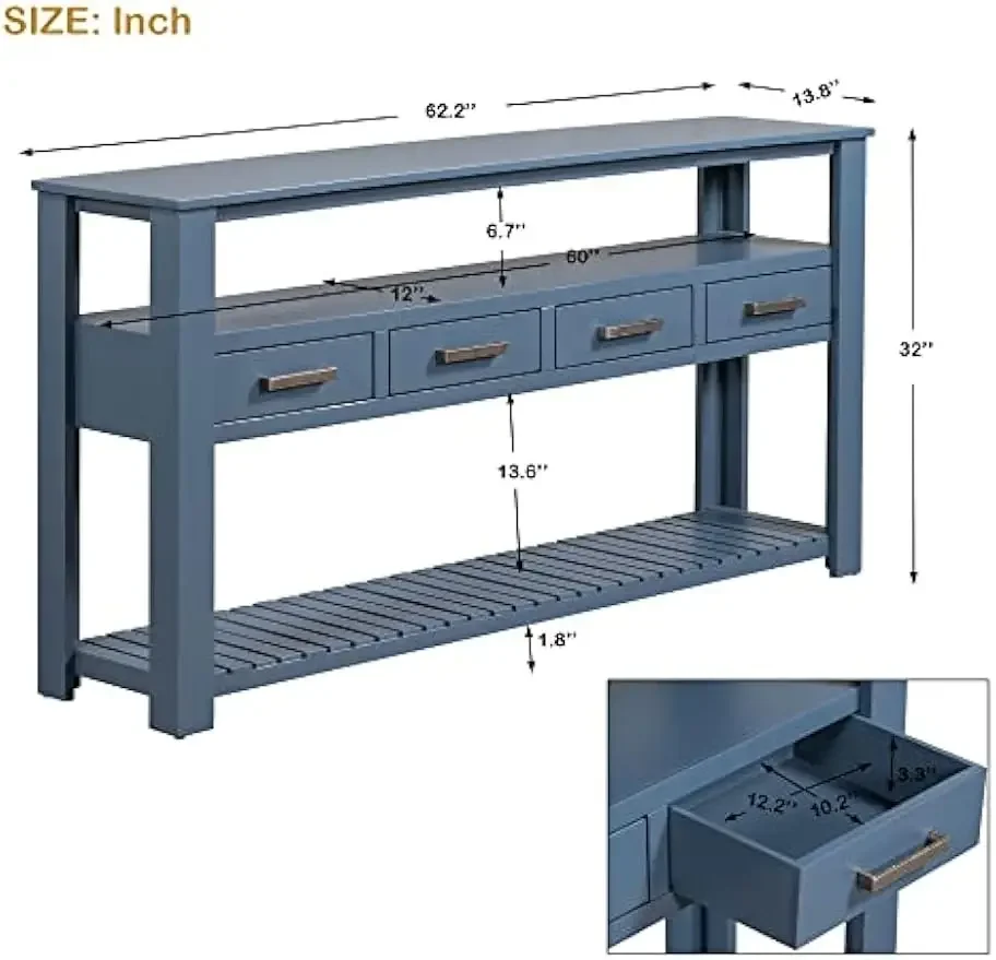 Modern Console Table 62-Inch Long Narrow Entry Sofa Table with Open Shelves & Drawers for Living Room Entryway (Navy Blue)