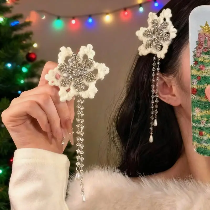 

1Pair Snowflake Hair Clip Rhinestone Tassel Hair Clip Fluffy Side Clip For Women Girls Temperament Sweet Hair Accessories