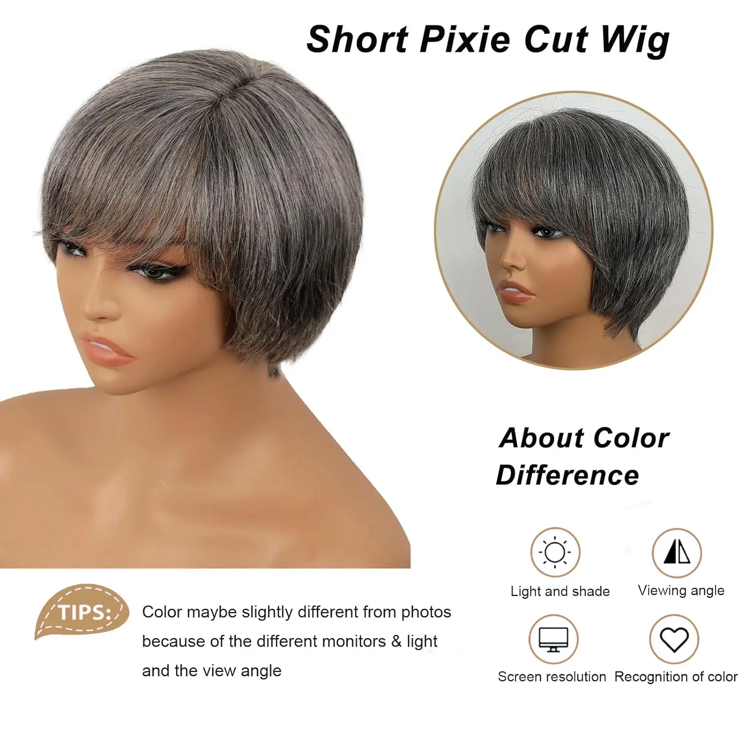 Salt and Pepper Grey Wig Human Hair Natural Grey-White Layered Short Pixie Cut Wig Human Hair for Women Wear and Go Glueless Wig
