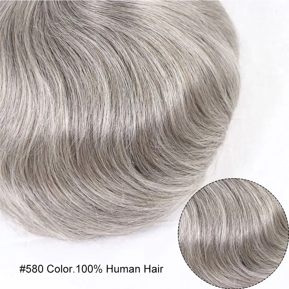 # 580 مونو توب PU حول الرجال الشعر المستعار شعر الإنسان الاصطناعية شعر مستعار الذكور هيربيسي فضي رمادي بولي نظام الشعر للرجل 8x10 بوصة #6