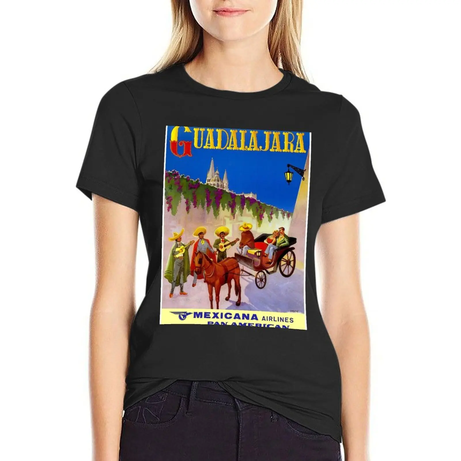 

MEXICANA AIRLINES : Vintage Fly to Guadalajara Advertising Print T-Shirt Blouse heavyweights t shirts for Womens