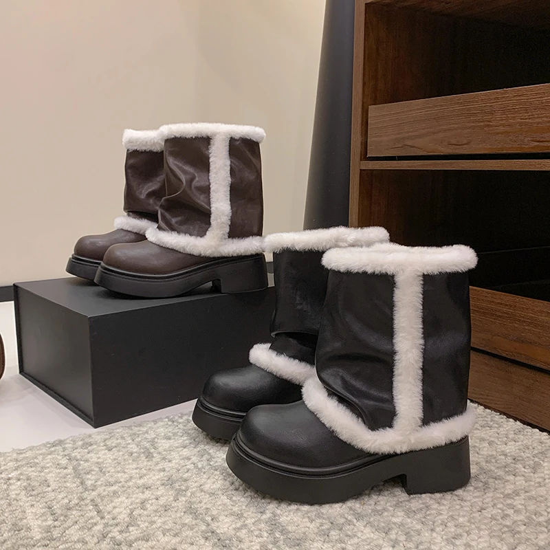 

Winter Chunky Heel Women Fur Snow Boots Concise Slip On Height Increase Shoes Ladies Comfort Keep Warm Cotton Short Booties