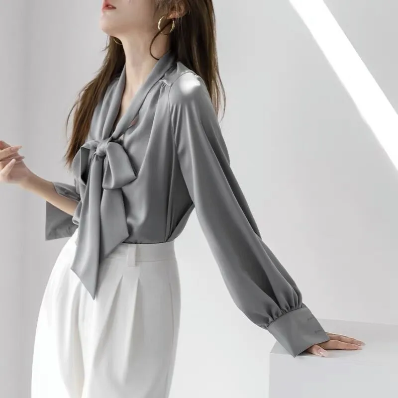 

2026 New casual shirt satin collar tie up tops long sleeved cuffs button design blouse for women blusas elegantes femeninas