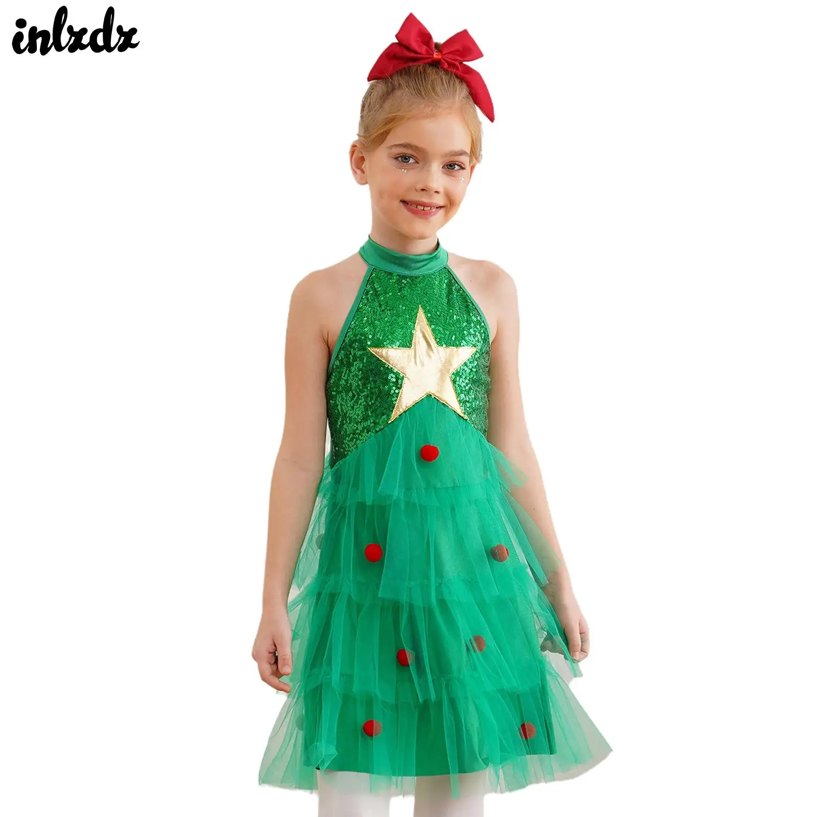 Girls Sequins Xmas Christmas Cosplay Party Dance Costume Pompoms Mesh Elf Dance Dress Tree Sleeveless Tiered Ballet Tutu Dress