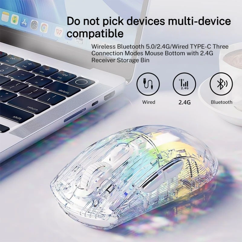 Mouse de cristal transparente fosco, periféricos com fio, sem fio, mudo, seis níveis, ajustável, para jogos, bateria super forte