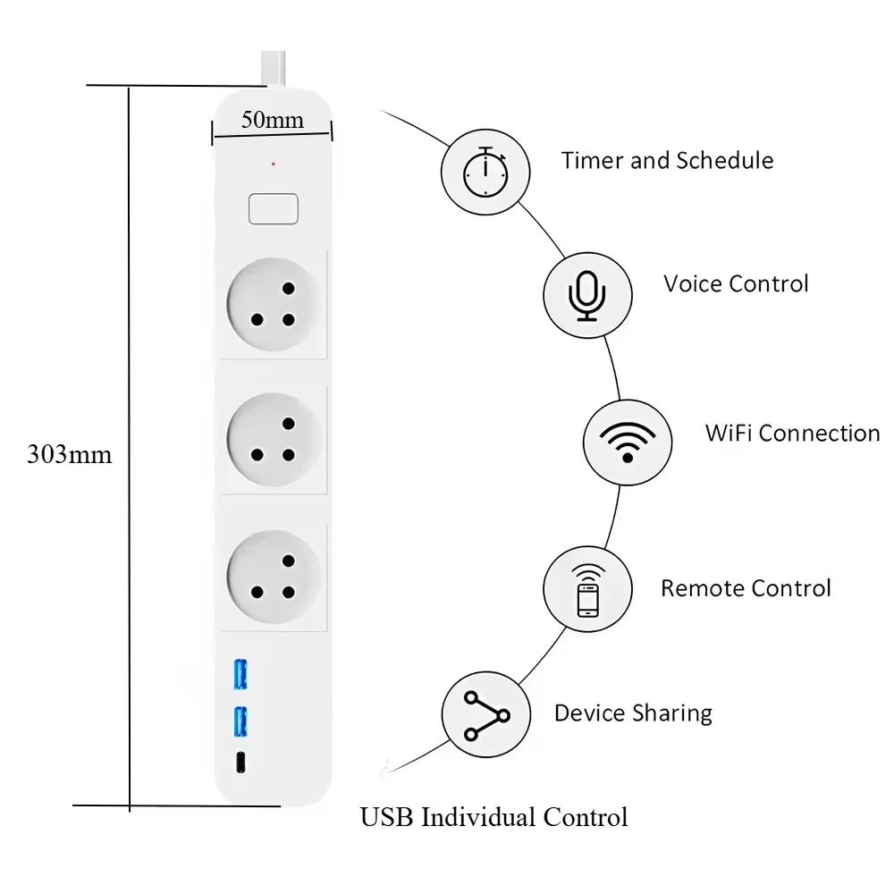 Melery WIFI Tuya App Israeli Plug Smart Power Strip Type-C Powers Board Remote Control Works With Google Home Alexa USB Charging