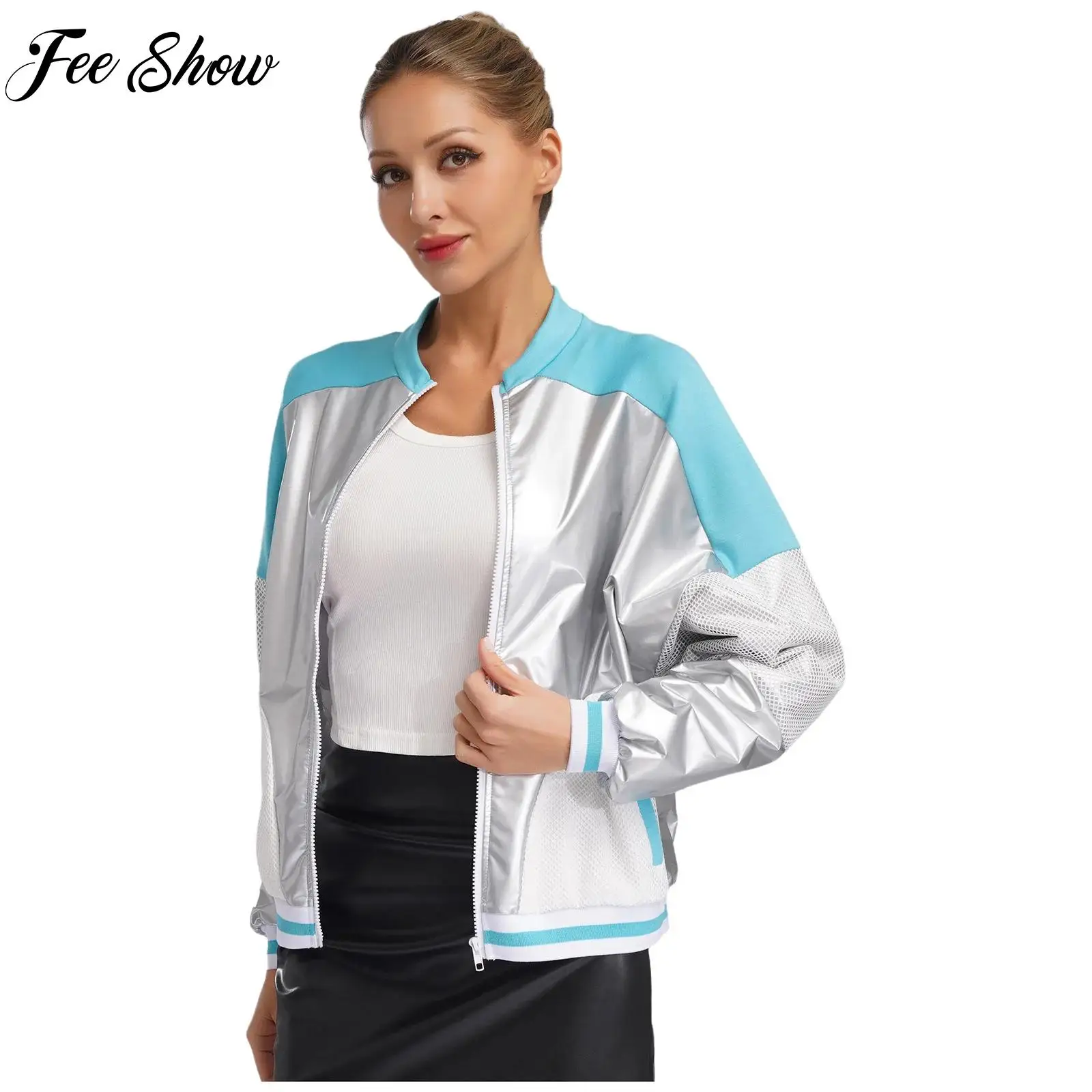 

Women Workout Jacket Patent Leather Jacket Long Sleeve Hollow Out Mesh Metallic Coat Outerwear for Casual Daily School Sports