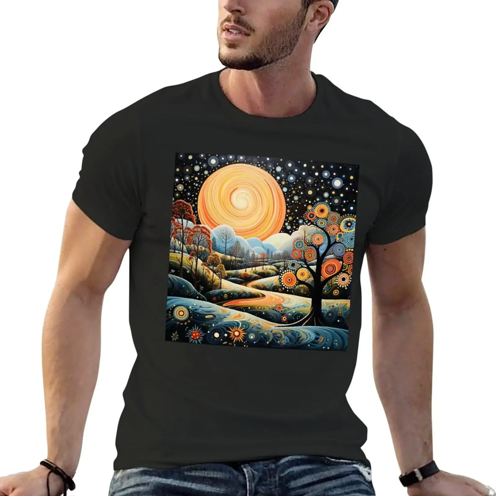 

Folk Art Nightscape, Colorful Starry Sky T-Shirt customizeds blanks baggy shirts mens t shirt graphic