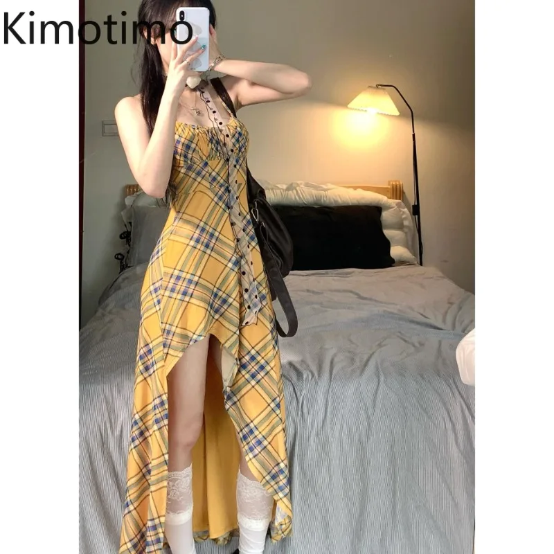 

Kimotimo Vintage Plaid Suspender Dresses Women 2025 Summer Contrast Color Sleeveless Waist Irregular Long Dress Y2k Beach Robe