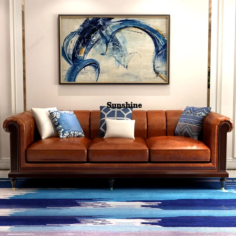 

Modern simple leather three-person sofa, large and small apartment living room solid wood sofa FT