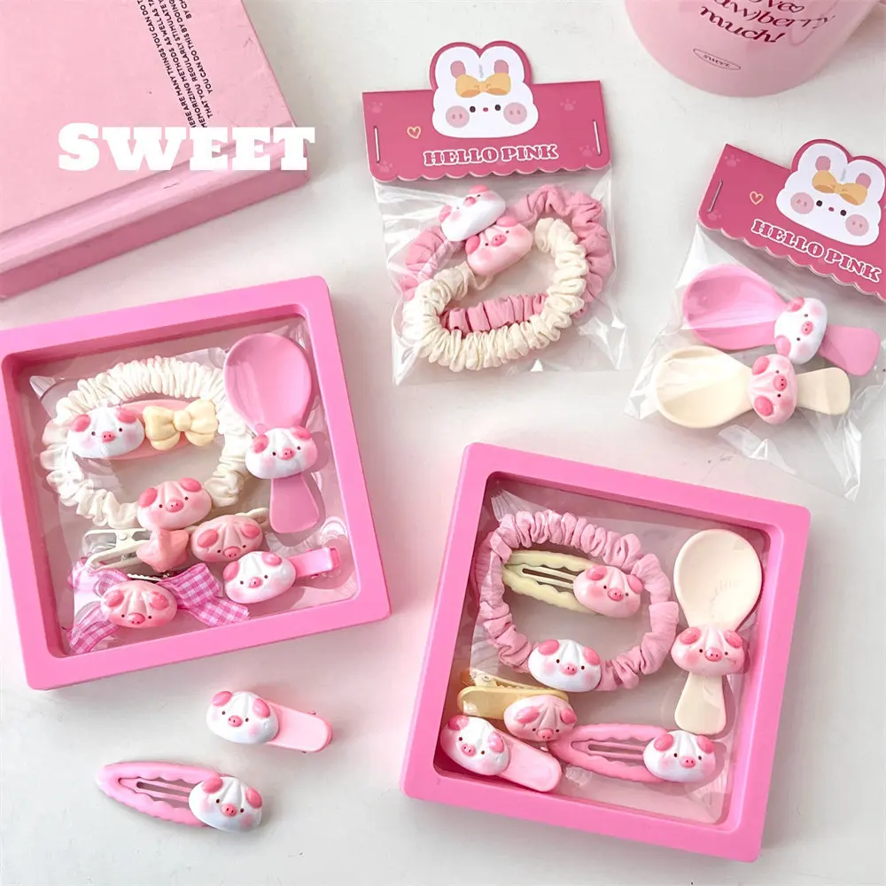 Cute Bread Pig Pink Hair Accessories Set Sweet Girl Hair Clips Bobby Pins Ponytail Hair Ties