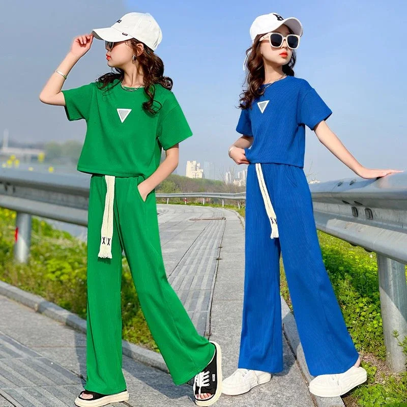 Summer Suit for Girls Green Baby Short Sleeve T-shirt + Loose Long Pant Two-piece Set Children Cute Clothing 4 6 8 10 12 14