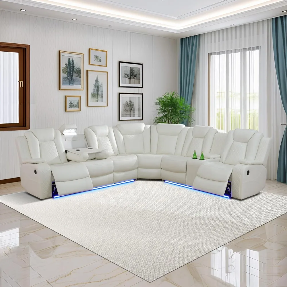 

Power Recliner Sofa Sectional Sofa with LED Light for Living Room, Air Leather Reclining Corner Sectional Sofa Set, Cup Holder.