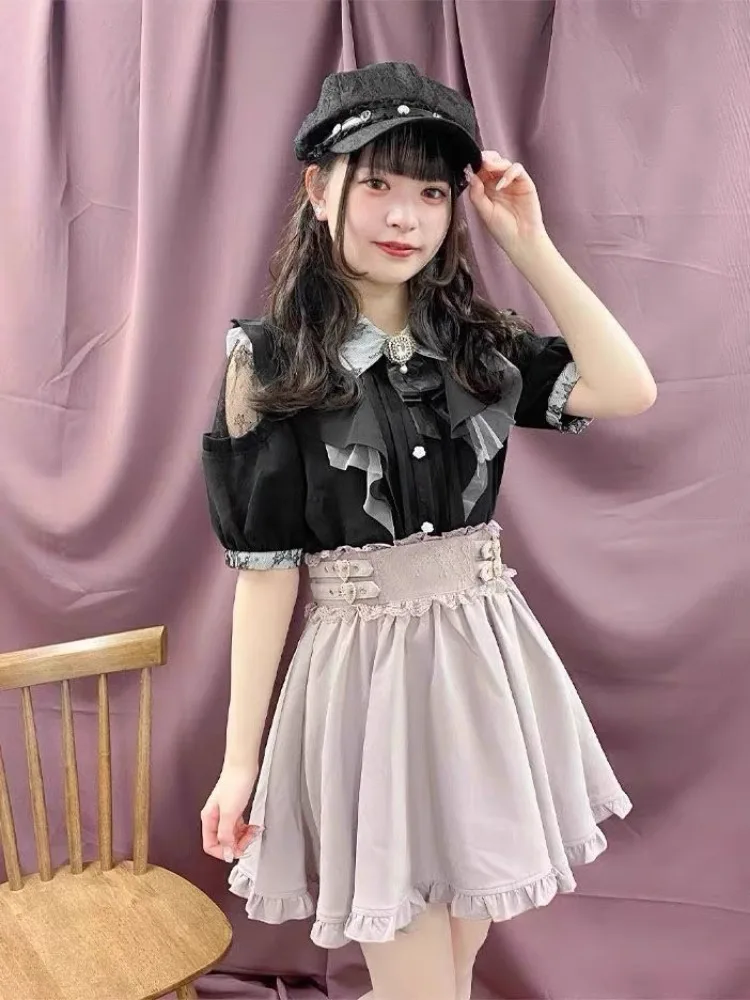 Japanese Lace Ruffle Sleeves Sweet Pearl Collar Shirt for Girl's Tops Spring Summer Lolita Blouses Woman's Clothes