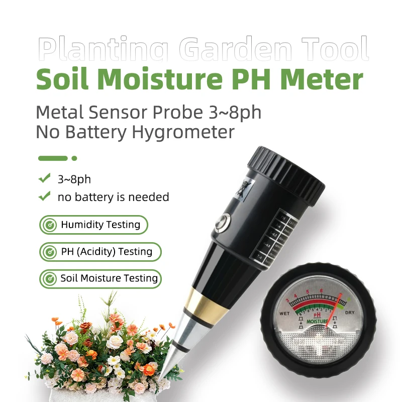 

3~8ph Soil PH & Moisture Meter - Acidity Humidity Tester with Metal Sensor Probe, No Battery - Gardening hygrometer tool