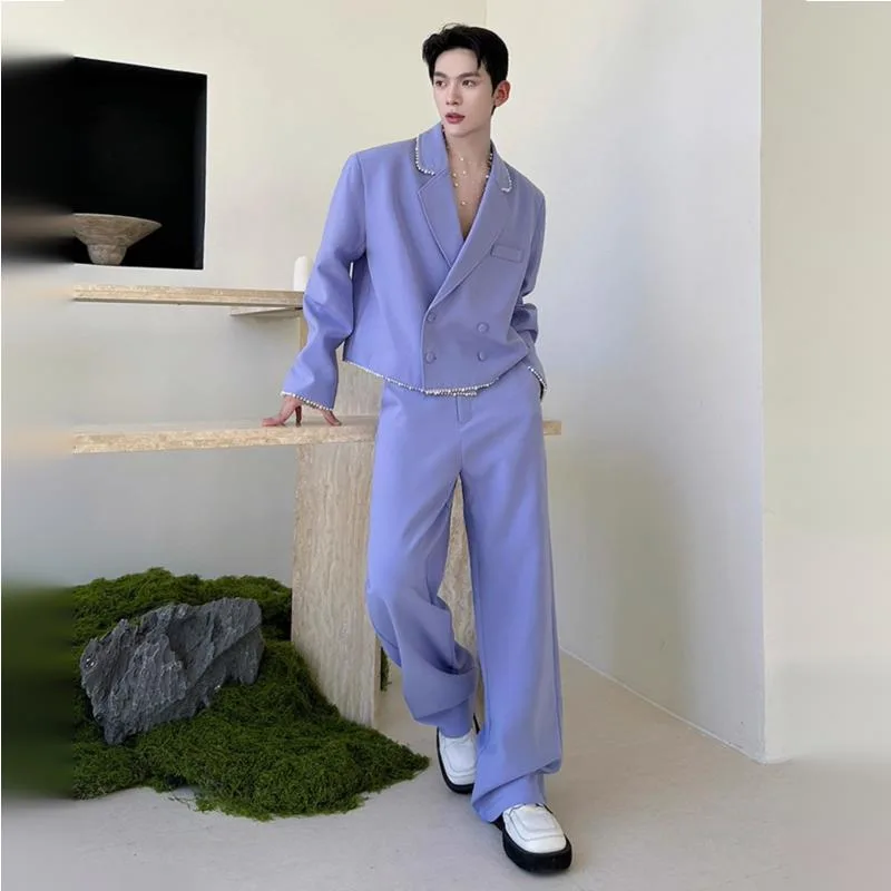 WVGA Pring Autumn New Man Tide Personality Pearl Decorated Turn-Down Collar Short Suits Niche Chic Casual Trendy Sets Ins W14357