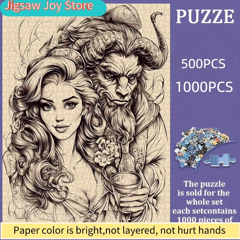 Puzzle 500 elementów Disney, papierowe puzzle DIY z piękną kobietą i Bestią, romantyczna ręcznie rysowana ilustracja, gruby biały karton.