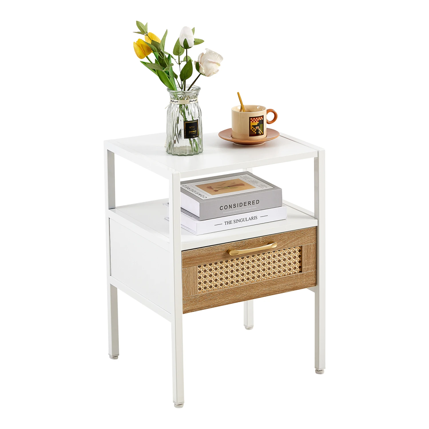 

15.75" Rattan End table with drawer, Modern nightstand, metal legs,side table for living room, bedroom,white(1 pc)