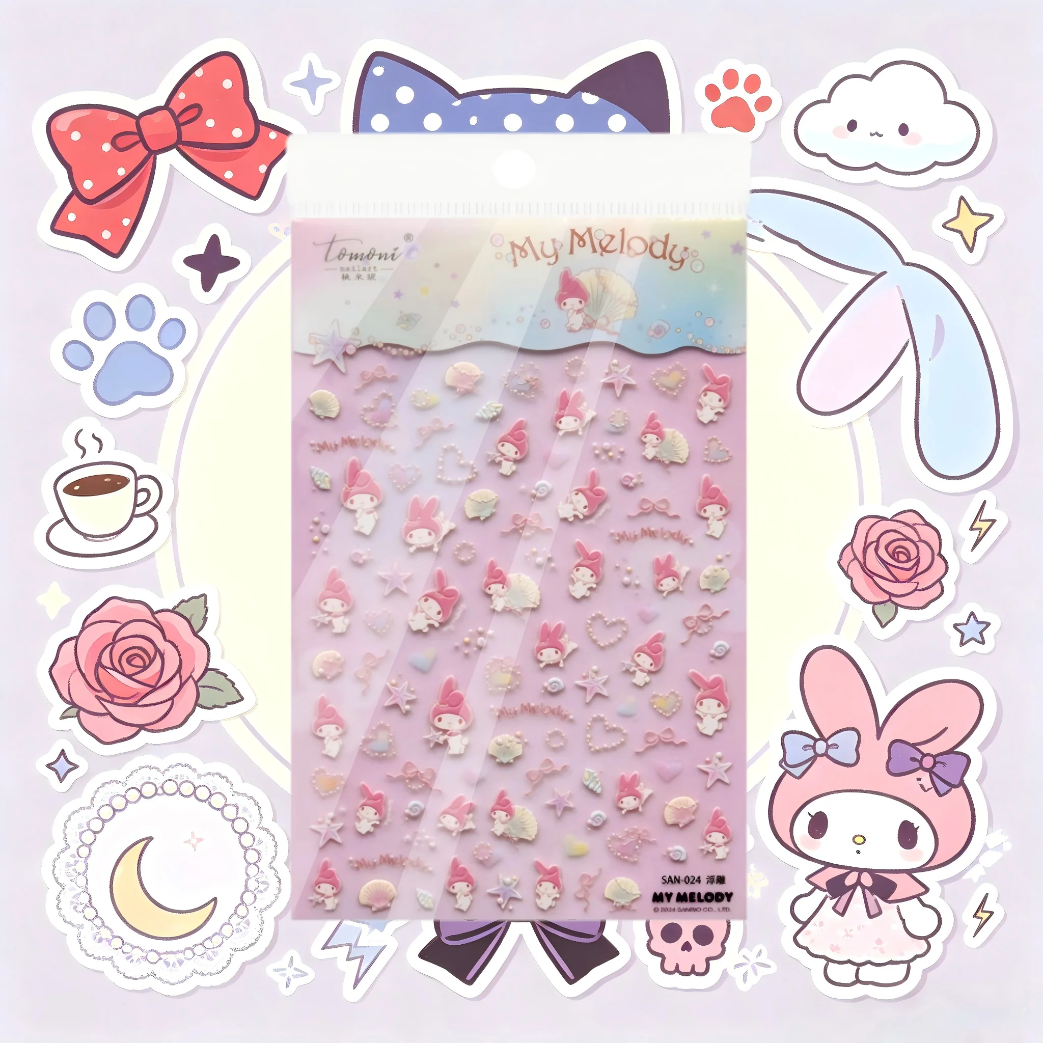 1 Stück Süße Sanrio-Serie Relief-Nagelaufkleber mit Schaleffekt, wasserfeste Aufkleber, Geschenk für Festival, tägliche Maniküre-Aufkleber