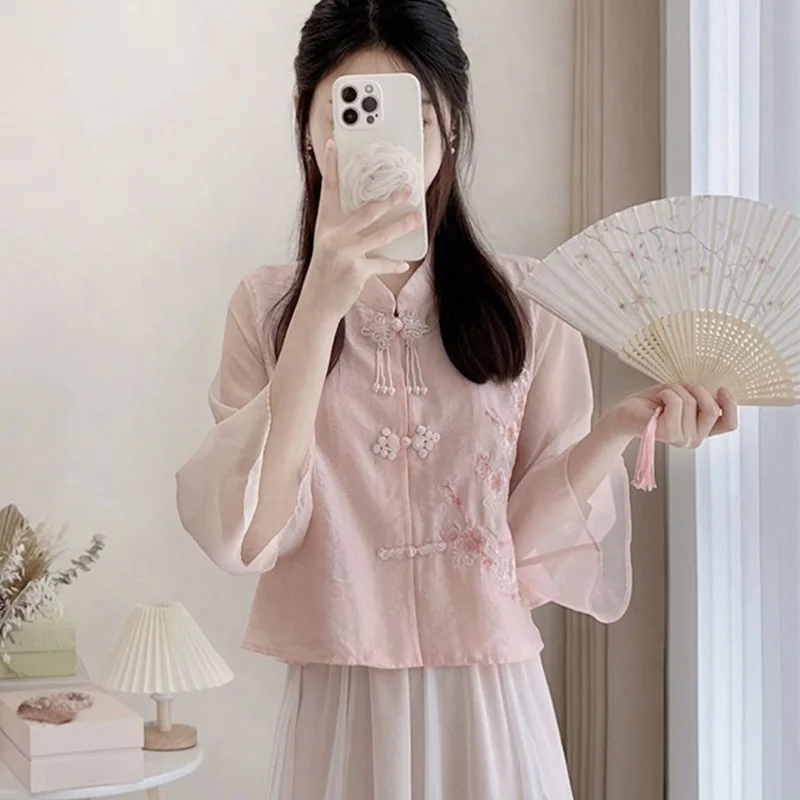 

New Chinese Style Pink Cheongsam Top Young Girl Tang Clothes Pink Improved Embroider Flower Hanfu Shirt Mandarin Collar Coat