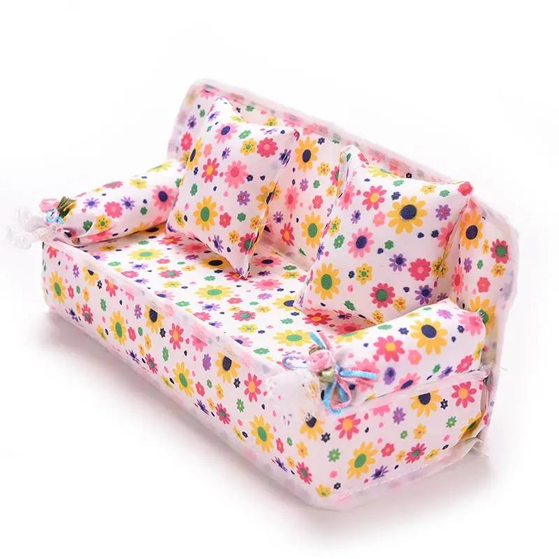 1 Set Cute Miniature Doll House Furniture Flower Cloth Sofa With 2 Cushions Pretend Play For Doll Kids Play House Toys