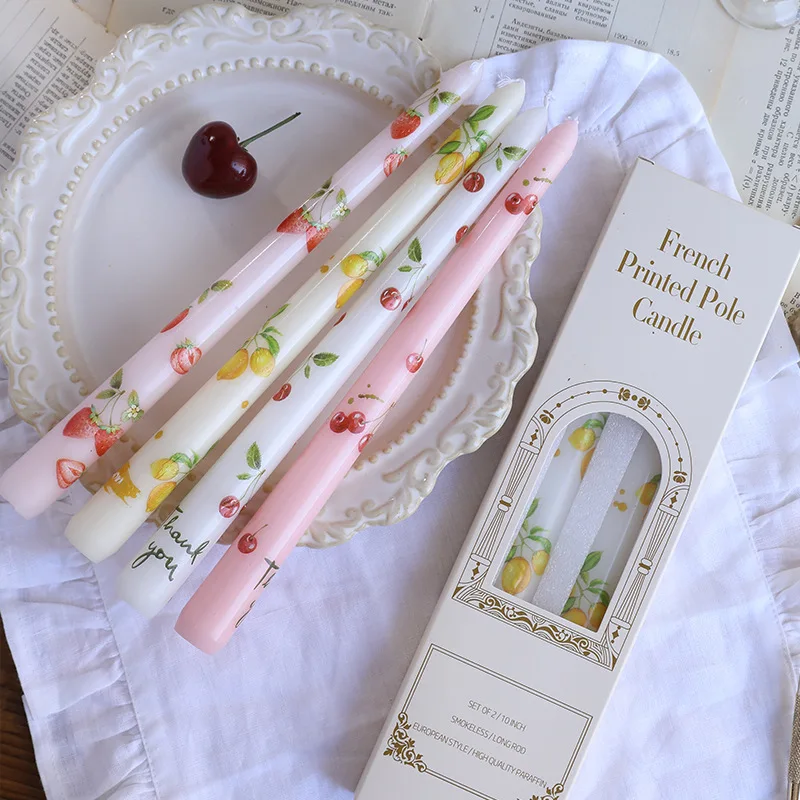 2pc 25cm Fruit-printed Long Pole Candle, Smokeless Romantic Wedding Candlelight Dinner Candle, High-end Atmosphere Decoration