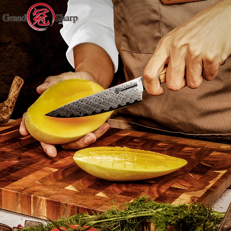 Grandsharp Pro 5 Inch Utility knife 67 Layers AUS10 Damascus Steel Olive Handle Kitchen Knives Meat Cleaver Chef Petty Knife
