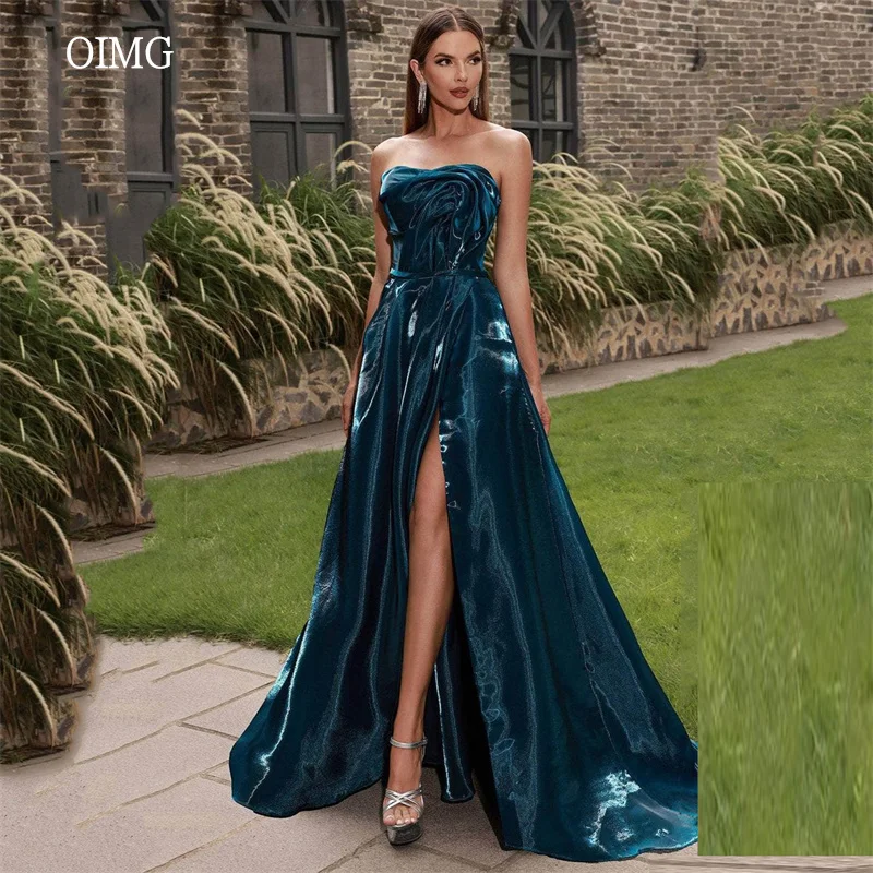 

OIMG Green Strapless A Line Prom Gowns Side Slit Backless Pleated Party Gown Floor Length Evening Dress فساتين سهره Customized