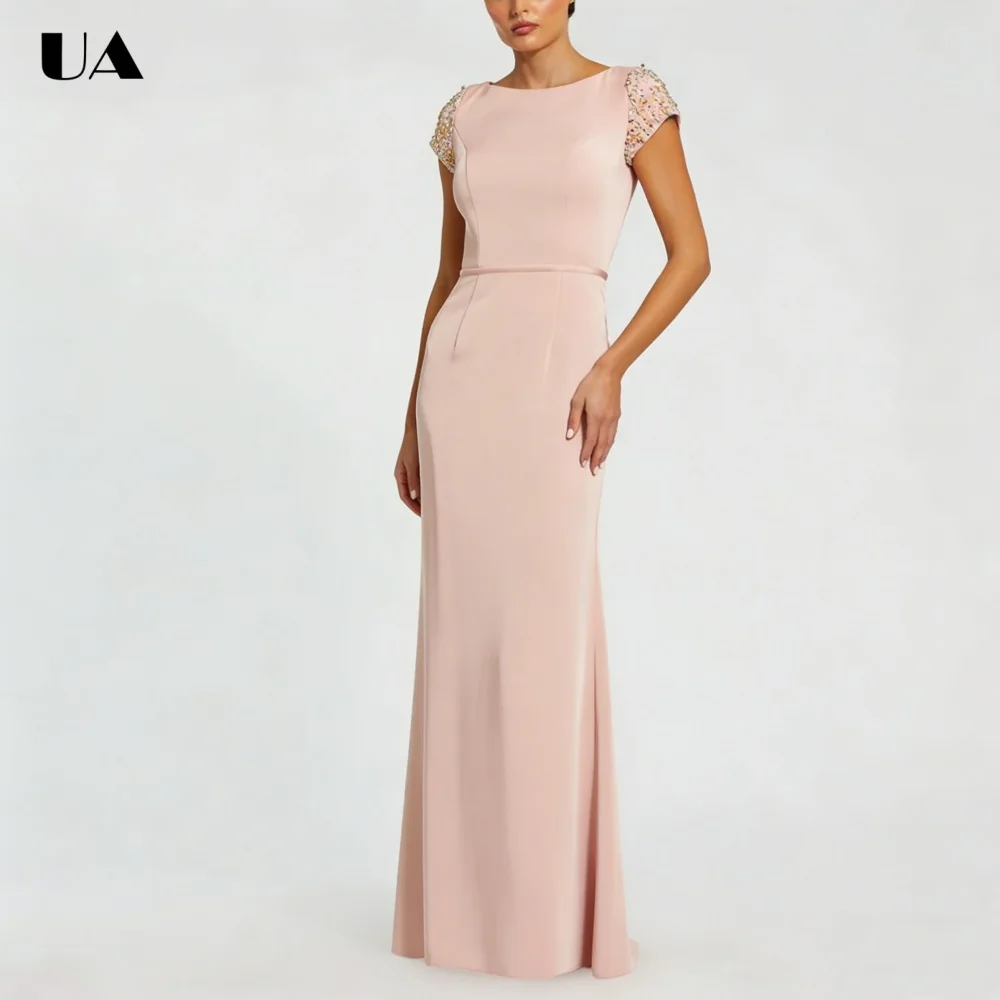 

ULBYANRY Customized Satin Straight Prom Dresses for Women, Elegant Embellished Evening Dress, Simple Solid Boat Neck Party Dress