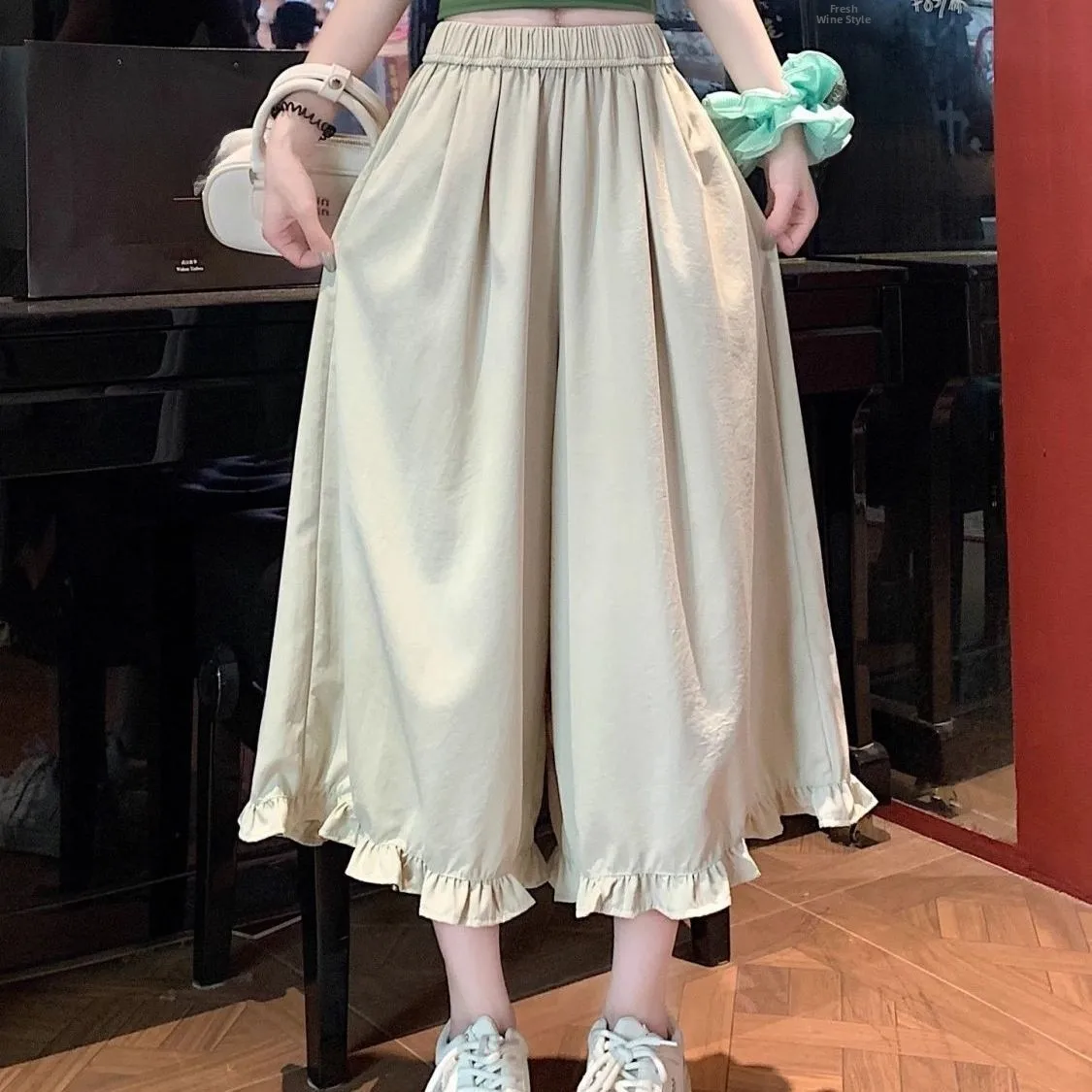 

Quick Dry Ice Silk Casual Pants Women's Thin Splice Lace Loose Wide Leg Skirt Pants Summer Commute Style High Waist Elastic