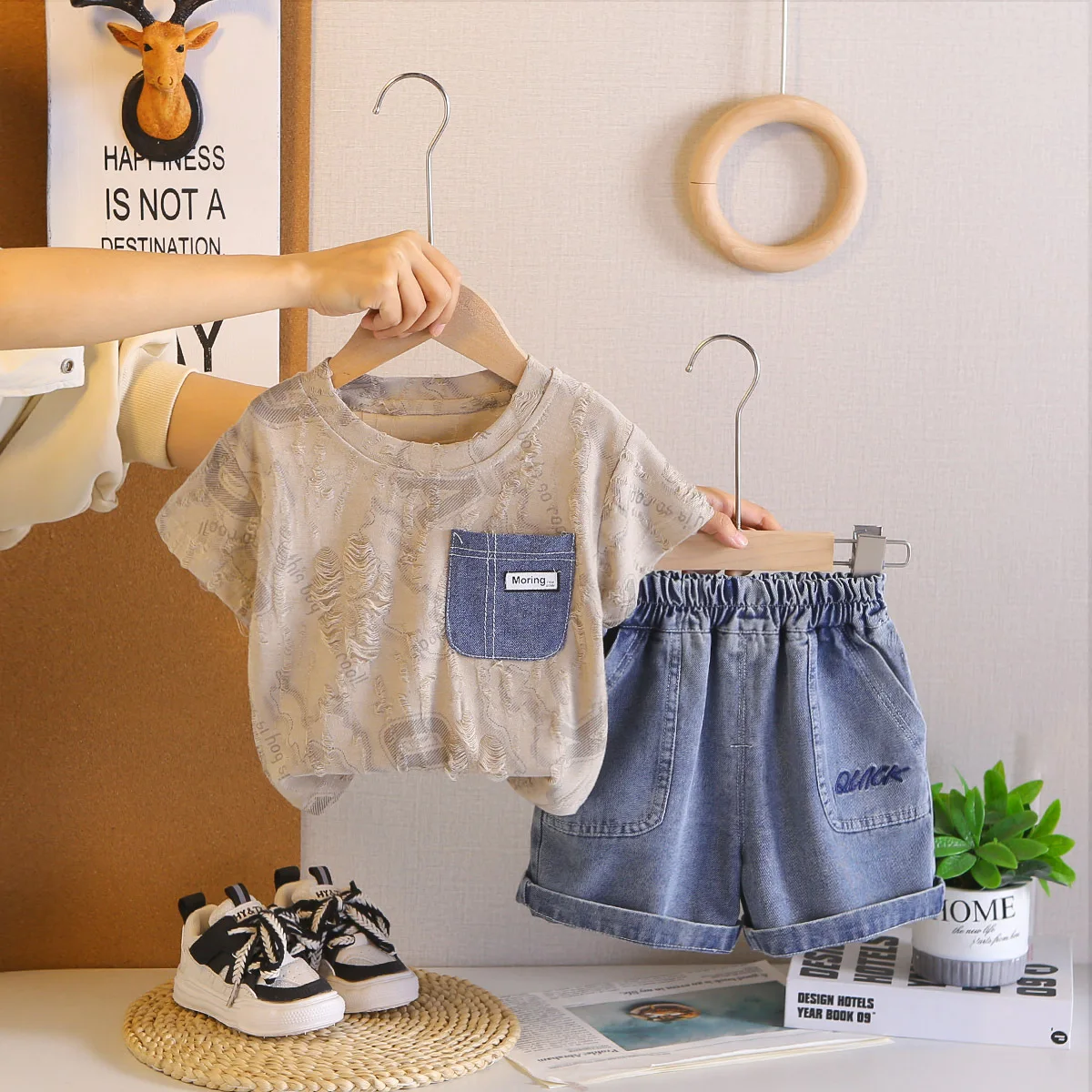 Baby Boys 1st Birthday Outfit 2026, Ripped Letter Print T-shirt & Denim Shorts Set, Summer Casual Kids Clothes for Toddlers