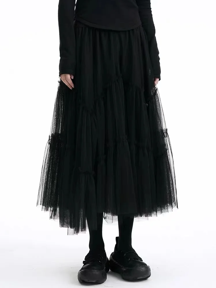 

Универсальная черная юбка-миди из плотной сетки с высокой талией, плиссированная, свободного кроя, однотонная, в повседневном стиле, для женщин