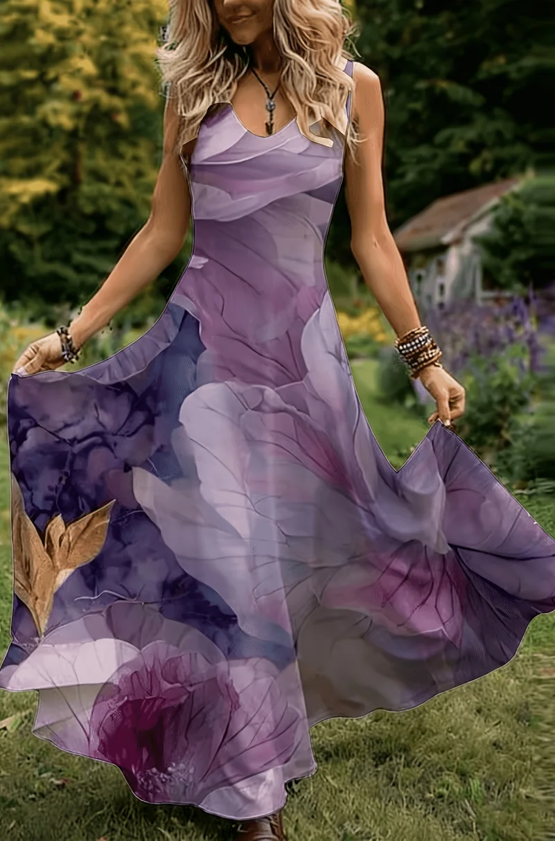 2D Flat Print Women's Vintage Elegant Vacation Sleeveless Dress, V-Neck Floral Print A-Line Flowy Long Dress, Machine Washable, Suitable for Casual Wear and Vacation Attire