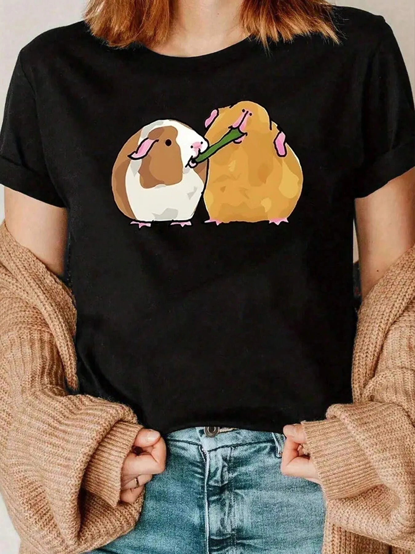 

Guinea Pig And Potato Print T Shirt Casual Wear For Women 220g
