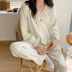 Fdfklak Pure Cotton Gauze Maternity Breastfeeding Nursing Clothing Spring Summer New Thin Breathable Floral Pajamas Suit