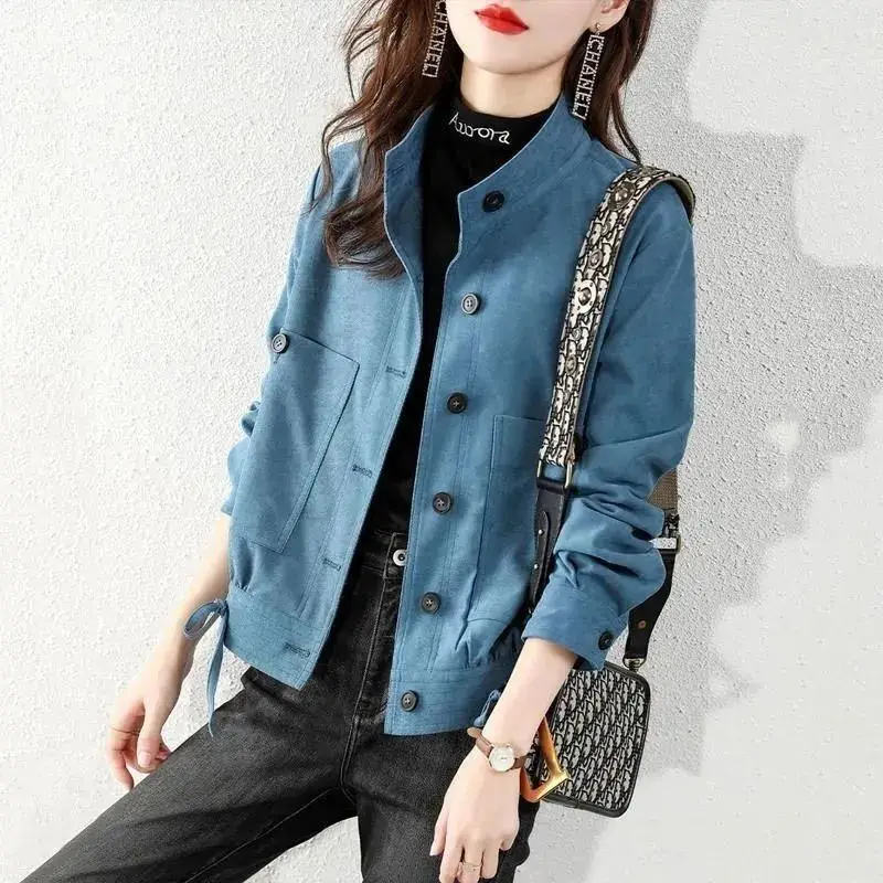 Women\'s Clothing Solid Color Streetwear Coats Stand Collar Casual Pockets Spliced Spring Autumn Commute Single-breasted Jackets