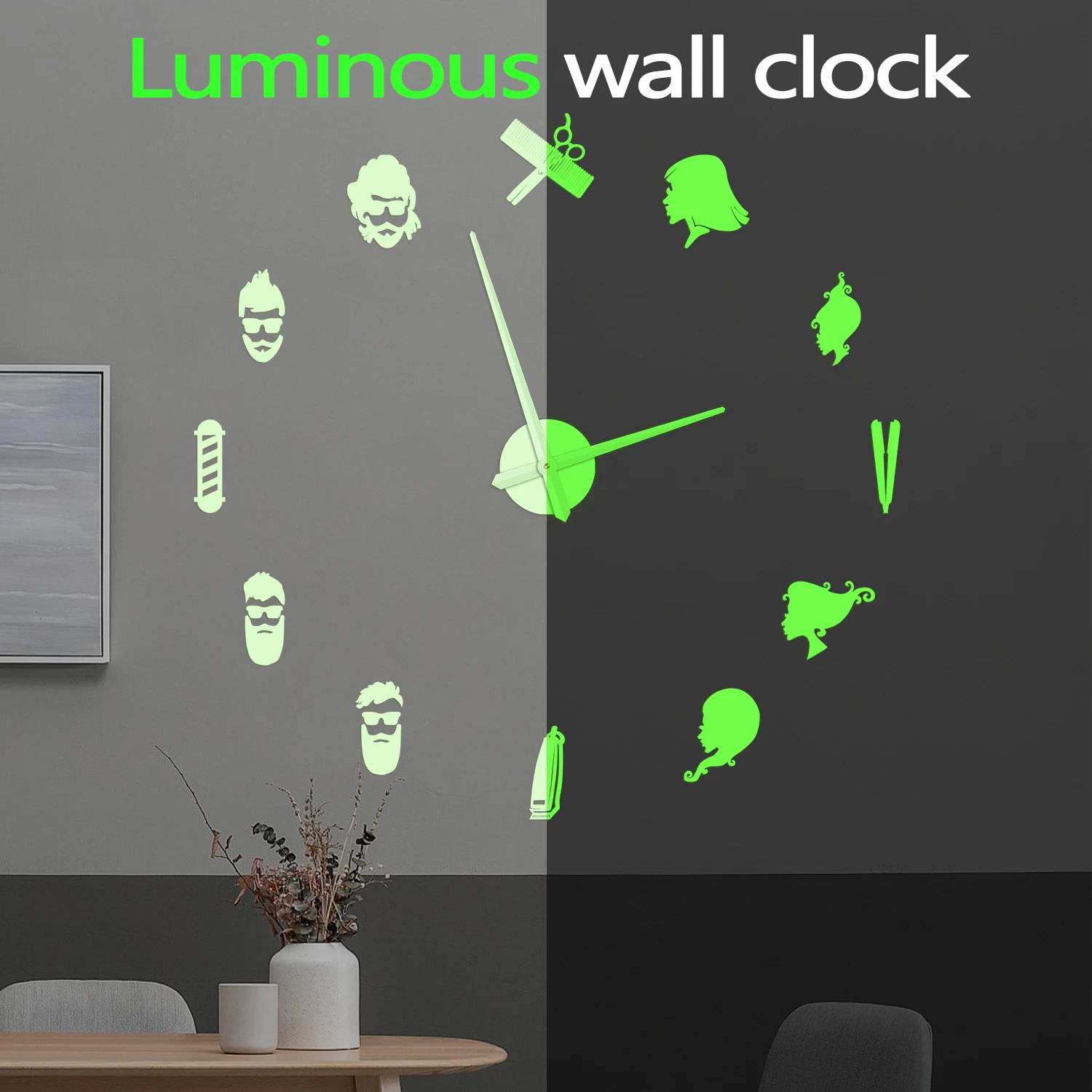 Barber Hair Stylist Tools DIY Wall Clock Glow in Dark for Barbershop Hair Salon Hair Dresser Luminous Night Visible Wall Clock